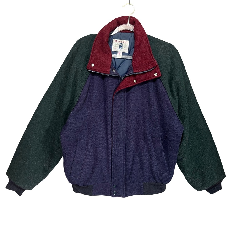 90s VTG Manhattan Colorblock Wool Bomber Jacket Mens Large USA Varsity Quilted